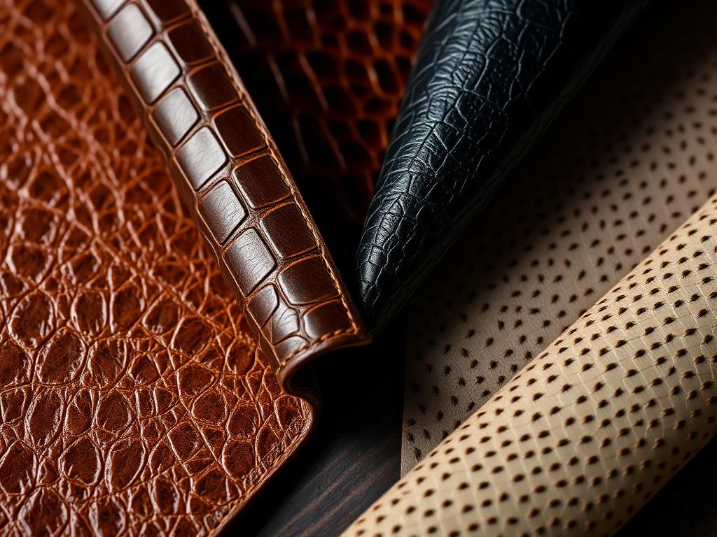 Premium exotic leather materials including crocodile, ostrich, and stingray