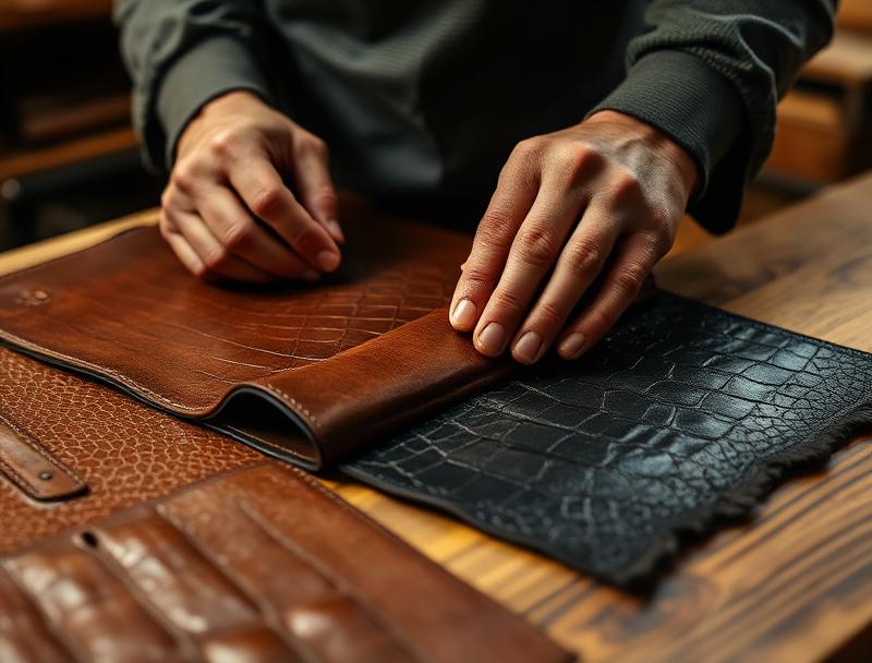 Craftsman inspecting premium exotic leather materials