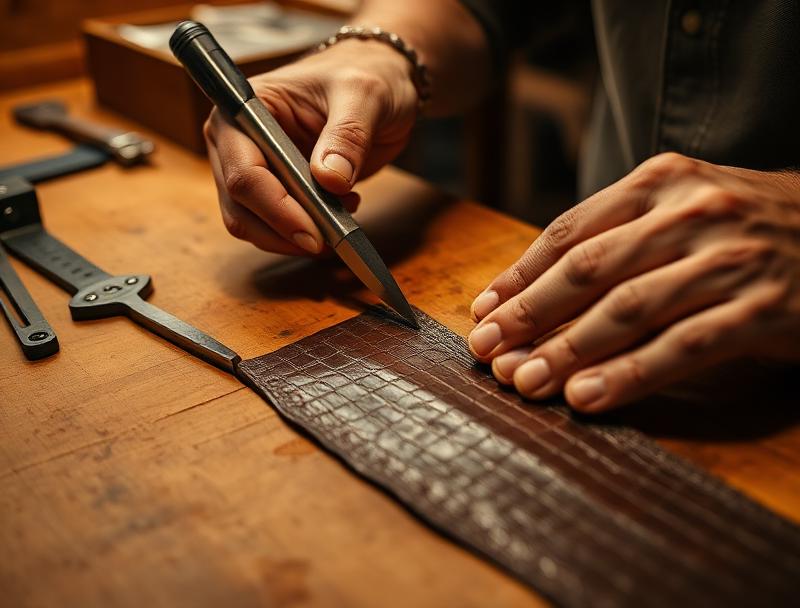 Master craftsman precision cutting exotic leather
